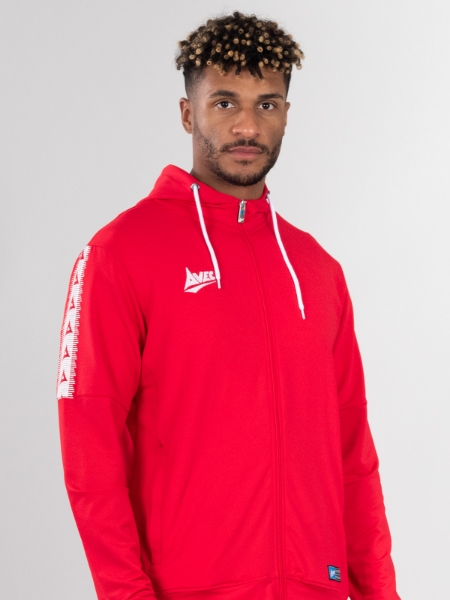 Person wearing a red zip-up hoodie with white drawstrings, featuring a logo on the left chest that reads 'AVEC' and a triangular design, with white patterns on the sleeves and a small blue label near the bottom hem