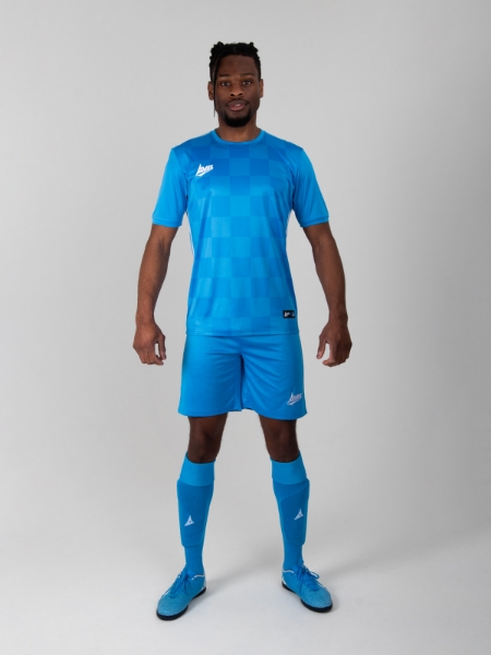Model wearing a two-tone sky blue chequered football shirt and sky blue shorts and sky blue socks