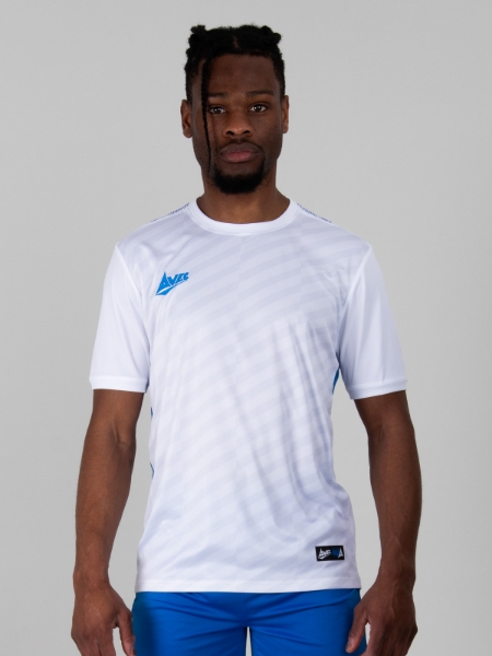 A brilliant white football shirt with royal blue details