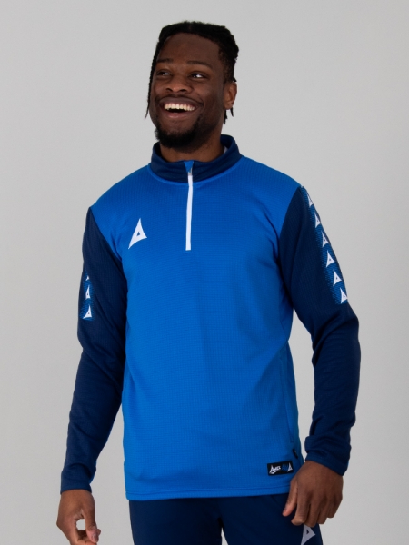 This royal blue and navy jumper is being worn by a man. The jumper has a white quarter zip design and navy funnel neck